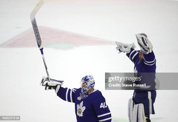 Back up goalie Calvin Pickard cand Toronto Marlies goaltender Garret Sparks celebrate the win as the Toronto Marlies beat the Lehigh Valley Phantoms...