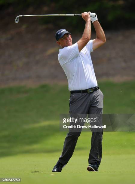 Tom Lehman of the United States plays a shot on the third hole during the third round of the Regions Tradition at Greystone Golf & Country Club on...