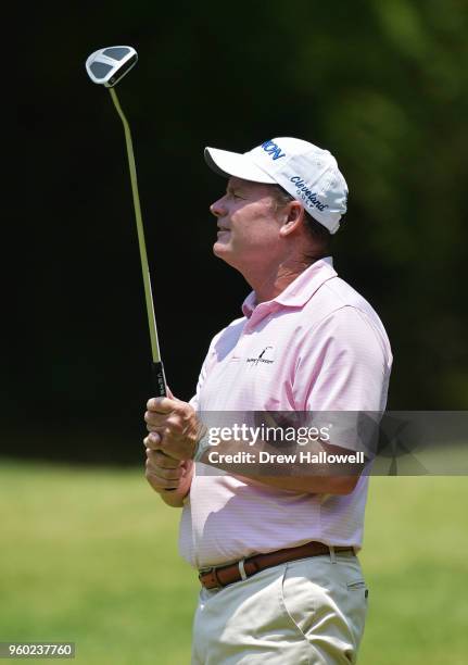 Joe Durant of the United States reacts to a missed putt on the fifth hole during the third round of the Regions Tradition at Greystone Golf & Country...