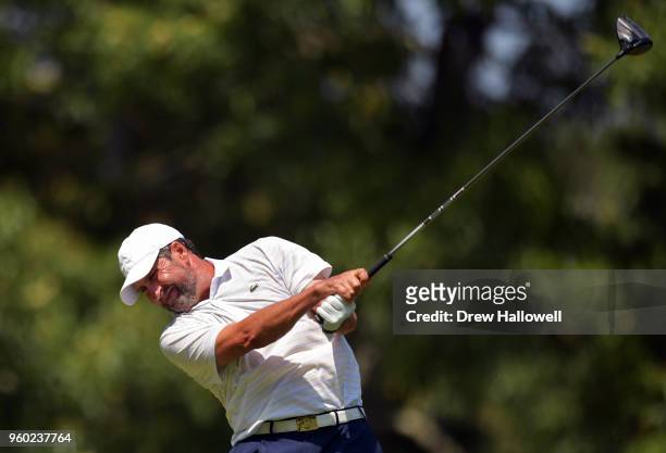 Jose Maria Olazabal of Spain plays his tee shot on the 13th hole during the third round of the Regions Tradition at Greystone Golf & Country Club on...