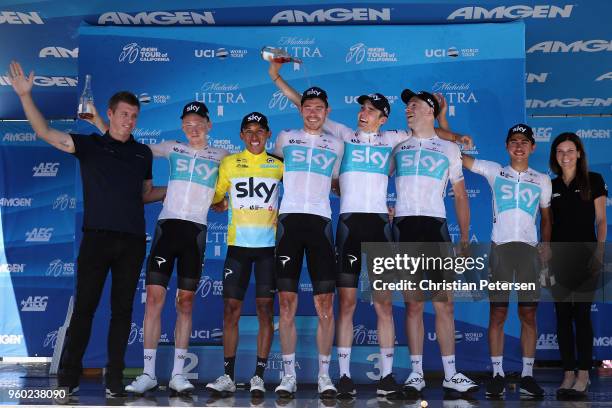 Team Sky poses together after winning the overall Team Competition following stage seven of the 13th Amgen Tour of California, a 143km stage in...