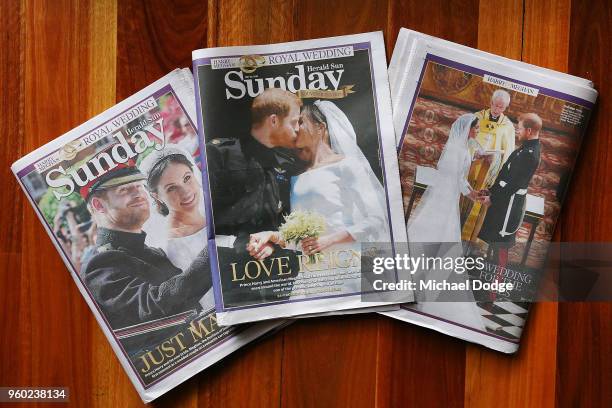 Front covers of the Sunday newspapers seen following the Royal Wedding on May 20, 2018 in Melbourne, Australia. Prince Harry and Meghan Markle wed...