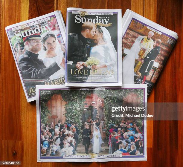 Front covers of the Sunday newspapers seen following the Royal Wedding on May 20, 2018 in Melbourne, Australia. Prince Harry and Meghan Markle wed...