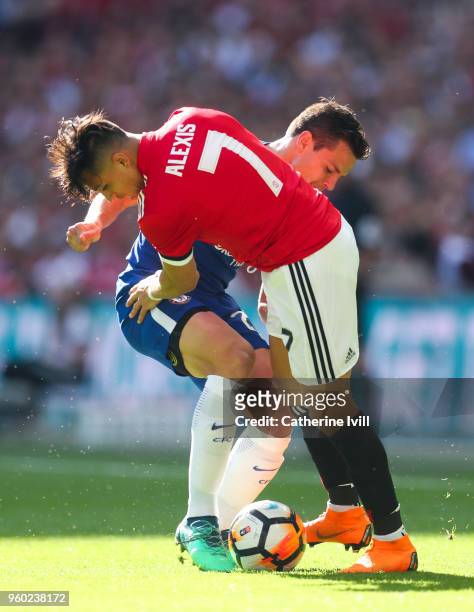 Alexis Sanchez of Manchester United and Cesar Azpilicueta of Chelsea battle for the ball during The Emirates FA Cup Final between Chelsea and...
