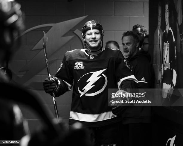 Yanni Gourde of the Tampa Bay Lightning gets ready for the game against the Washington Capitals during Game Five of the Eastern Conference Final...