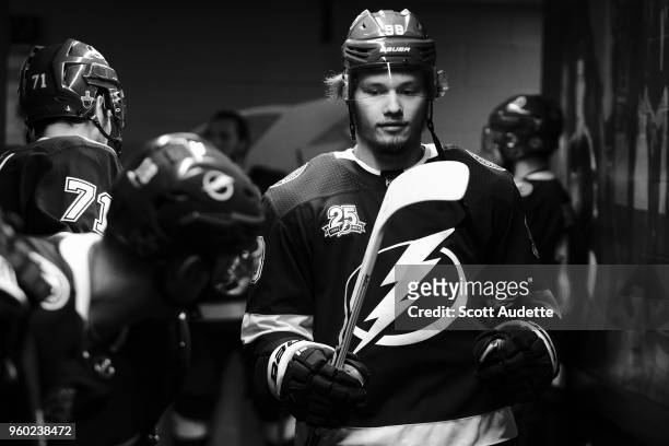 Mikhail Sergachev of the Tampa Bay Lightning gets ready for the game against the Washington Capitals during Game Five of the Eastern Conference Final...