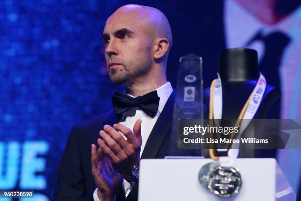 Adrian Mierzejewski appears on stage during the Sydney FC Sky Blue Ball on May 19, 2018 at The Star in Sydney, Australia.