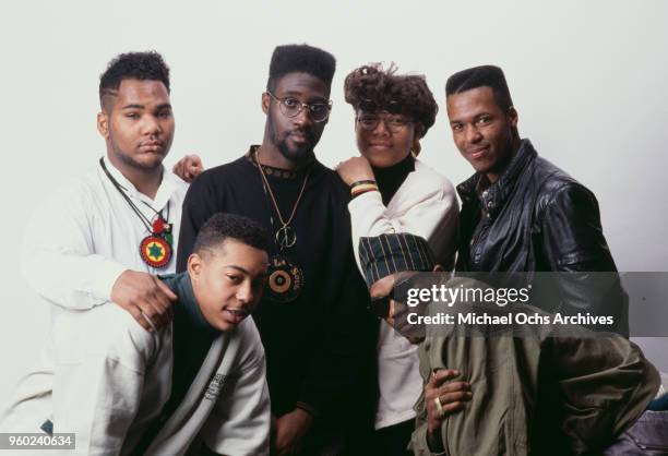 Group of artists signed to the American independent record label, Tommy Boy Records, circa 1989. They include Vincent Mason and Kelvin Mercer of De...