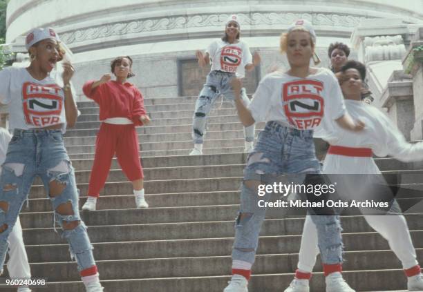 American hip-hop trio Salt-N-Pepa and friends dancing on the steps of the Soldiers' and Sailors' Monument, during the video shoot for their single,...