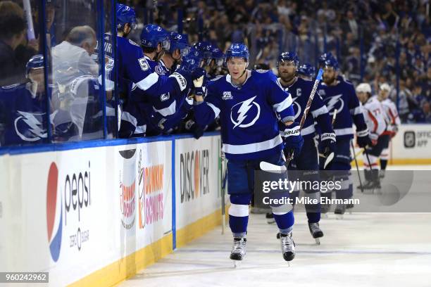 Ondrej Palat of the Tampa Bay Lightning celebrates with his teammates after scoring a goal on Braden Holtby of the Washington Capitals during the...