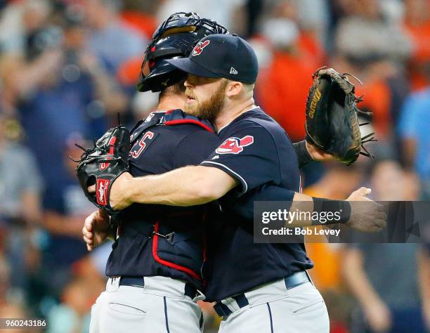 Cody Allen of the Cleveland Indians hugs Yan Gomes after the final out against the Houston Astros at Minute Maid Park on May 19, 2018 in Houston,...