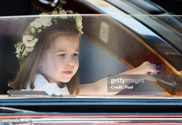 Princess Charlotte of Cambridge attends the wedding of Prince Harry to Ms Meghan Markle at St George's Chapel, Windsor Castle on May 19, 2018 in...