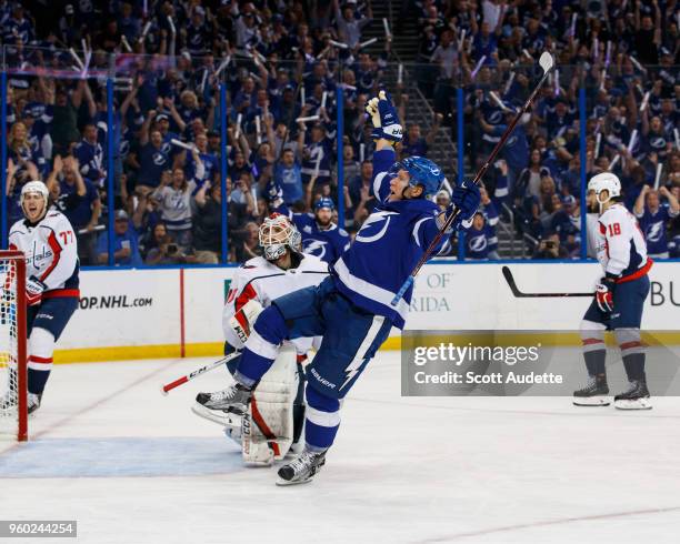 Ondrej Palat of the Tampa Bay Lightning celebrates his goal against the Washington Capitals during Game Five of the Eastern Conference Final during...