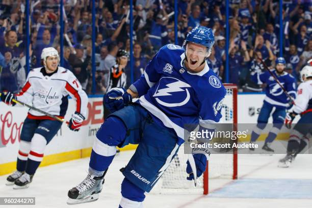 Ondrej Palat of the Tampa Bay Lightning celebrates his goal against the Washington Capitals during Game Five of the Eastern Conference Final during...
