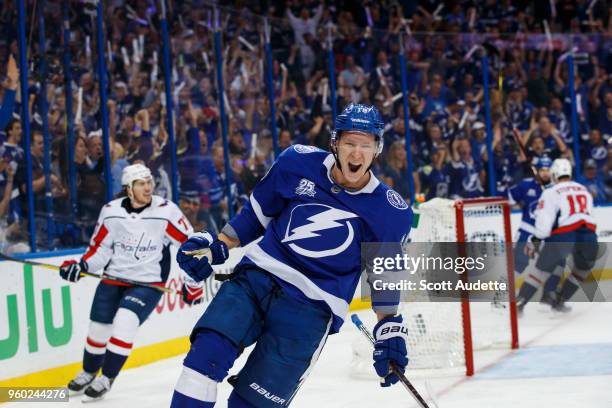 Ondrej Palat of the Tampa Bay Lightning celebrates his goal against the Washington Capitals during Game Five of the Eastern Conference Final during...