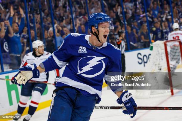 Ondrej Palat of the Tampa Bay Lightning celebrates his goal against the Washington Capitals during Game Five of the Eastern Conference Final during...