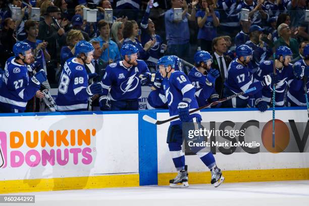 Ondrej Palat of the Tampa Bay Lightning celebrates his goal against the Washington Capitals during Game Five of the Eastern Conference Final during...