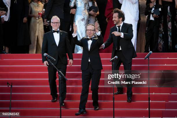 Thierry Fremaux, Roberto Benigni and Edouard Baer seen after the performance by Sting and Shaggy at the Closing Ceremony & screening of "The Man Who...