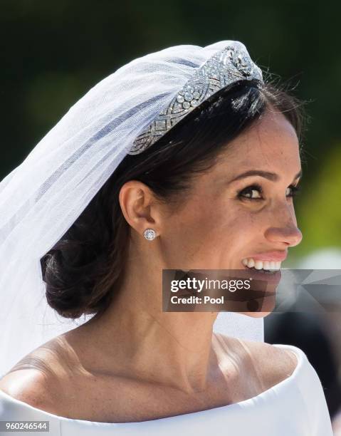 Meghan, Duchess of Sussex arrives for the wedding of Prince Harry to Ms Meghan Markle at St George's Chapel, Windsor Castle on May 19, 2018 in...