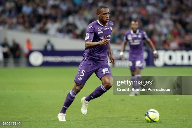 Issa Diop of Toulouse in action during the Ligue 1 match between Toulouse and EA Guingamp at Stadium Municipal on May 19, 2018 in Toulouse, .