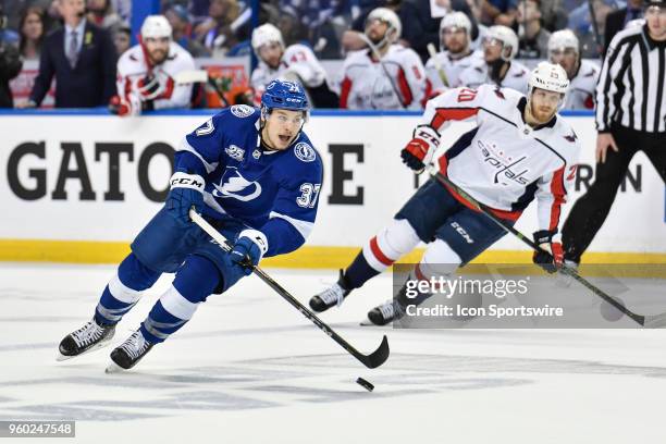 Tampa Bay Lightning center Yanni Gourde looks to attack the goal during the first period of the fifth game of the NHL Stanley Cup Eastern Conference...