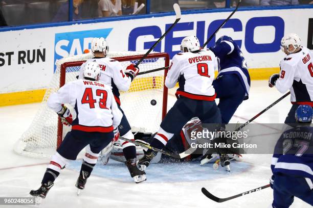 Ryan Callahan of the Tampa Bay Lightning scores a goal on Braden Holtby of the Washington Capitals during the second period in Game Five of the...