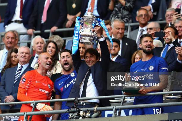 Manager of Chelsea, Antonio Conte lifts the FA Cup trophy after his team won during the Emirates FA Cup Final between Chelsea and Manchester United...