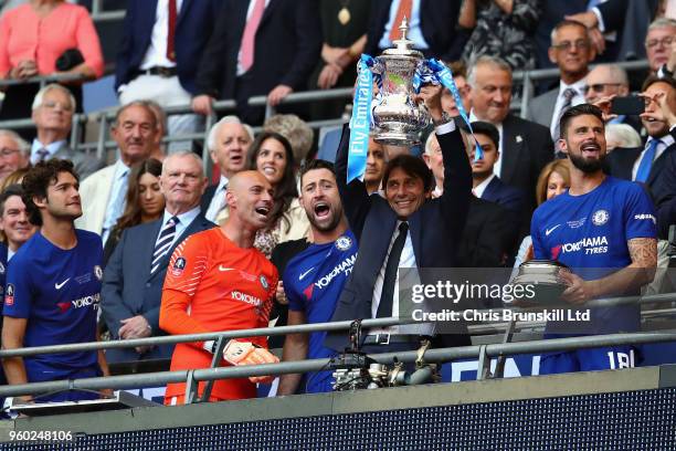 Manager of Chelsea, Antonio Conte lifts the FA Cup trophy after his team won during the Emirates FA Cup Final between Chelsea and Manchester United...