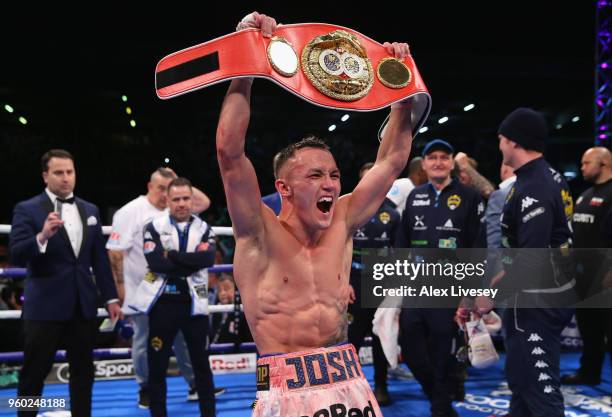 Josh Warrington celebrates victory over Lee Selby in the IBF Featherweight Championship fight at Elland Road on May 19, 2018 in Leeds, England.