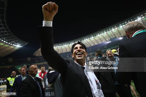 Manager Bruno Huebner of Frankfurt celebrates after the DFB Cup final between Bayern Muenchen and Eintracht Frankfurt at Olympiastadion on May 19,...