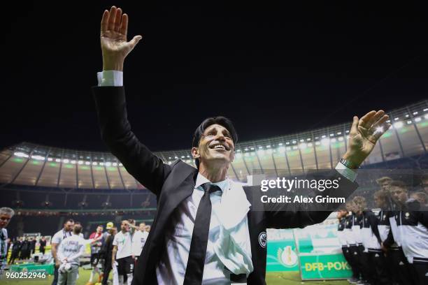 Manager Bruno Huebner of Frankfurt celebrates after the DFB Cup final between Bayern Muenchen and Eintracht Frankfurt at Olympiastadion on May 19,...