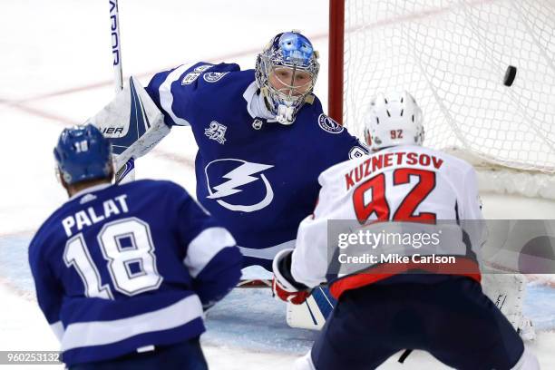 Evgeny Kuznetsov of the Washington Capitals scores a goal on Andrei Vasilevskiy of the Tampa Bay Lightning during the second period in Game Five of...