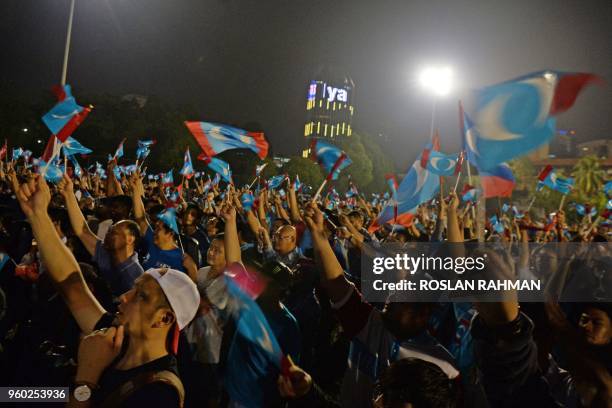 This photograph taken on May 16, 2018 shows Malaysian Pakatan Harapan coalition supporters waving party flags during a rally following the release of...