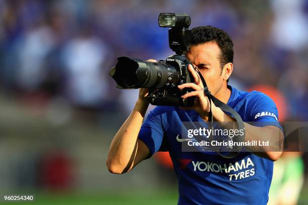 Pedro of Chelsea takes a photo after the Emirates FA Cup Final between Chelsea and Manchester United at Wembley Stadium on May 19, 2018 in London,...