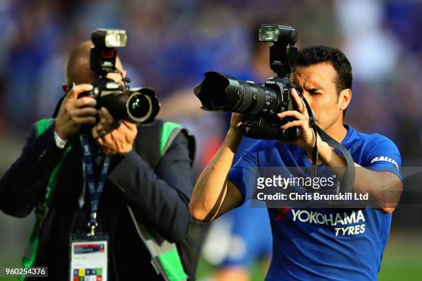 Pedro of Chelsea takes a photo after the Emirates FA Cup Final between Chelsea and Manchester United at Wembley Stadium on May 19, 2018 in London,...