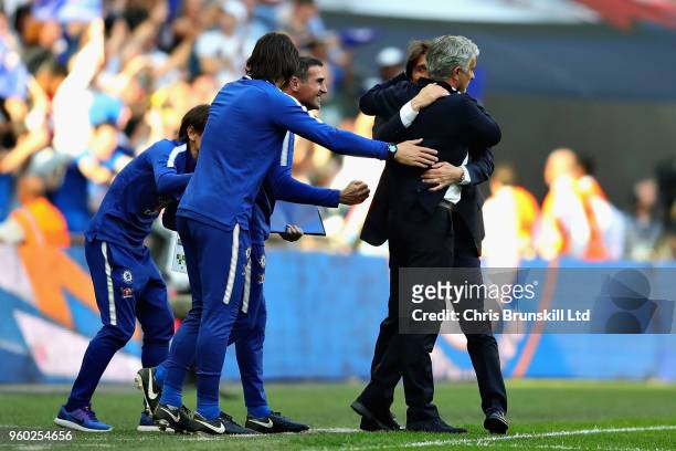 Manager of Manchester United Jose Mourinho hugs Manager of Chelsea, Antonio Conte after the Emirates FA Cup Final between Chelsea and Manchester...