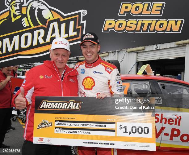 Dick Johnson team owner of DJR Team Penske and Scott McLaughlin driver of the Shell V-Power Racing Team Ford Falcon FGX celebrate after taking pole...