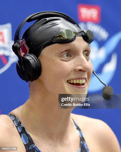 Katie Ledecky is interviewed after winning the women's 800 meter freestyle final during the fourth day of TYR Pro Swim Series at Indiana University...