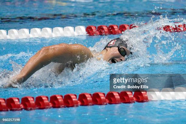 Katie Ledecky competes in the women's 800 meter freestyle final during the fourth day of the TYR Pro Swim Series at Indiana University Natatorium on...