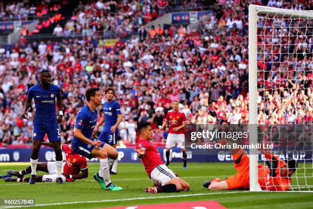 Alexis Sanchez of Manchester United scores a goal which is later ruled out for offside during the Emirates FA Cup Final between Chelsea and...