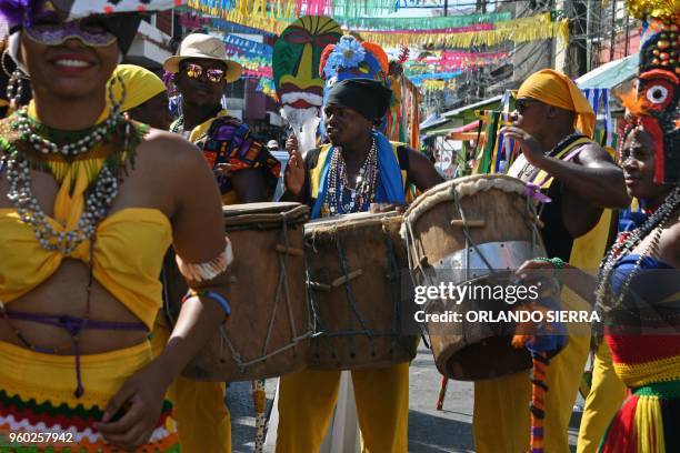 Honduran 'garifunas' take part in the International Carnival of Friendship in La Ceiba, Honduran Caribbean, on May 19, 2018.