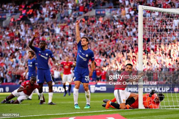 Alexis Sanchez of Manchester United reacts after his goal was ruled out for offside during the Emirates FA Cup Final between Chelsea and Manchester...