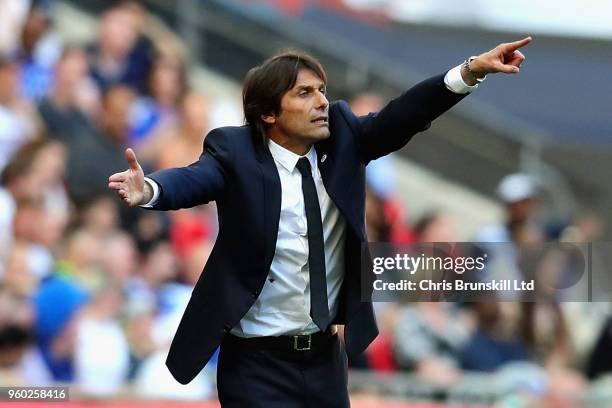 Manager of Chelsea, Antonio Conte gestures during the Emirates FA Cup Final between Chelsea and Manchester United at Wembley Stadium on May 19, 2018...