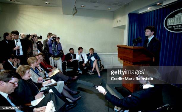 White House Communications Director George Stephanopoulos takes reporter's questions in the press briefing room, Washington DC, January 21, 1993....