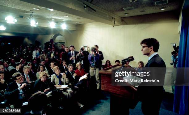 White House Communications Director George Stephanopoulos takes reporter's questions in the press briefing room, Washington DC, January 21, 1993....