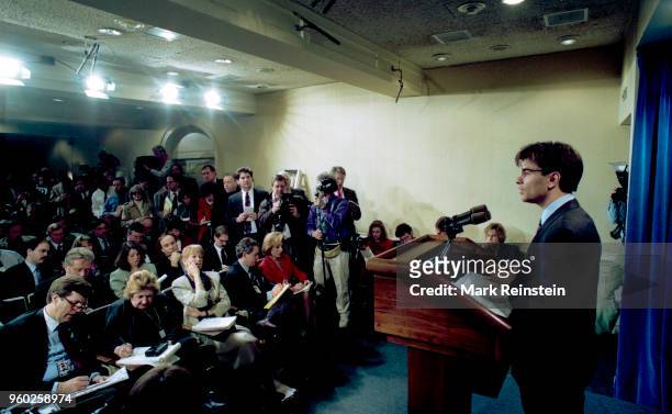 White House Communications Director George Stephanopoulos takes reporter's questions in the press briefing room, Washington DC, January 21, 1993....