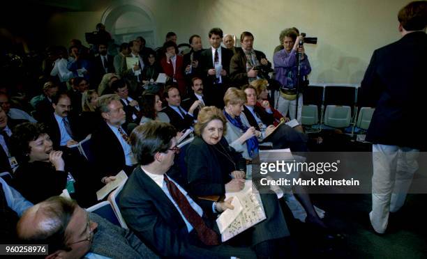 View of members of the White House Press Corps as they awais the start of the first briefing of President Clinton's new administration, Washington...