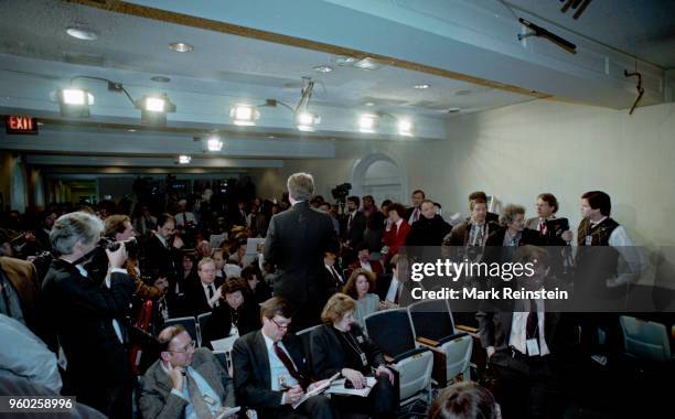 View of members of the White House Press Corps as they awais the start of the first briefing of President Clinton's new administration, Washington...