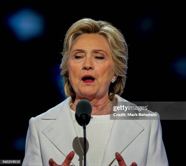 American politician and former US Secretary of State Hillary Rodham Clinton speaks during the Democratic National Convention in the Wells Fargo...