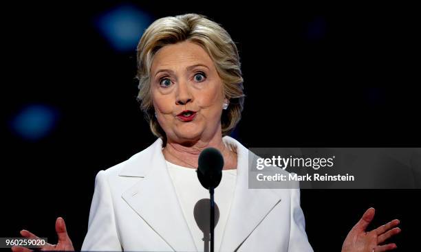 American politician and former US Secretary of State Hillary Rodham Clinton speaks during the Democratic National Convention in the Wells Fargo...